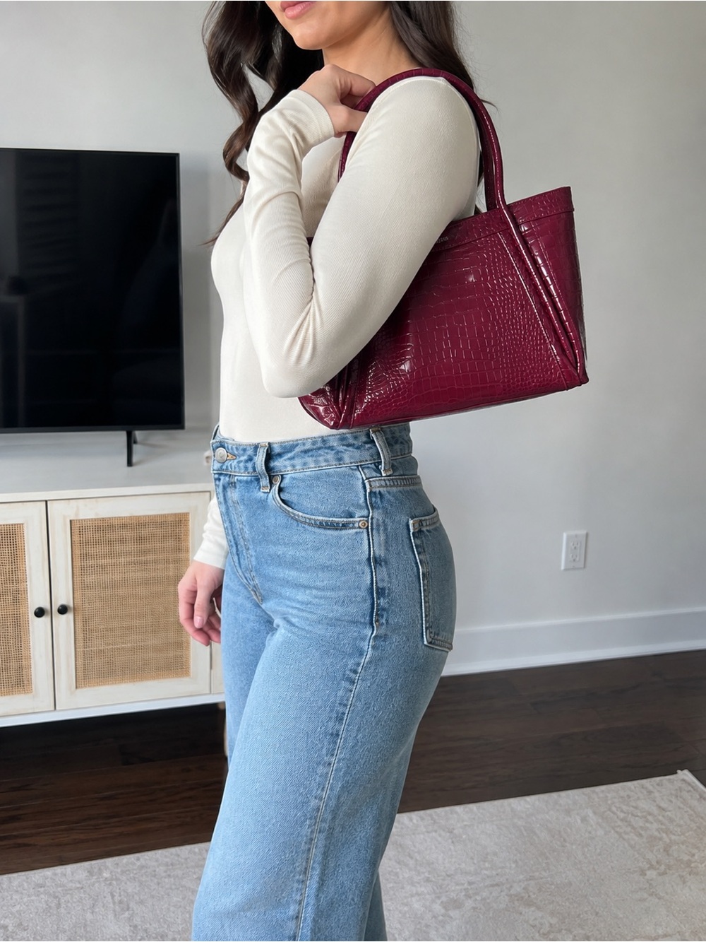 Croc-Embossed Burgundy Shoulder Bag